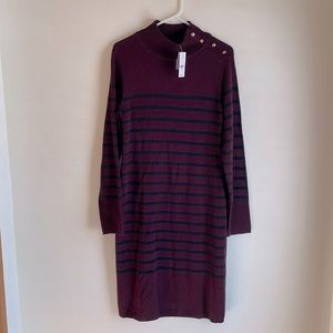 Striped, sweater dress with dressy button accent, perfect paired with knee boots